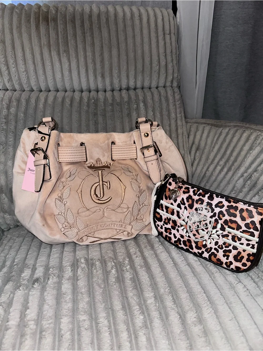 Juicy Couture Beige Suede Shoulder Bag with Leopard Wristlet